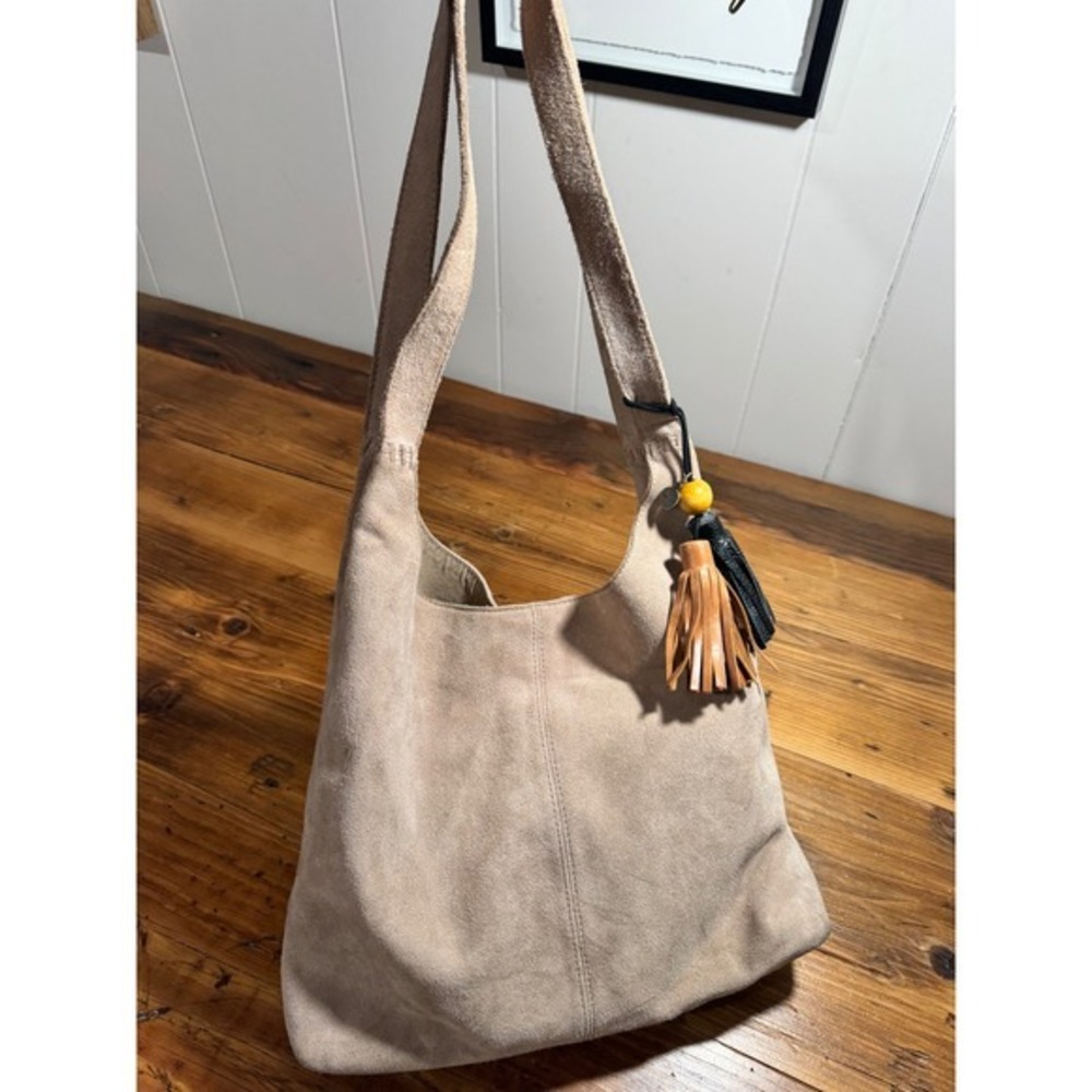 The Sak Huntley Hobo Bag in Sand Suede Taupe Tassel Shoulder Bag Slouchy Tote - Picture 5 of 17